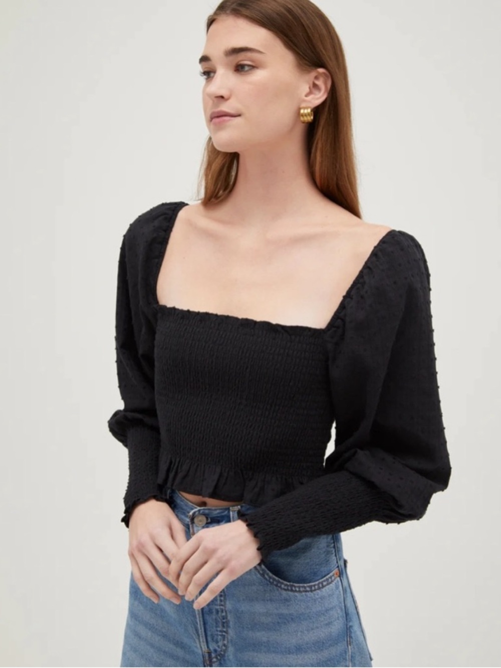 NWT Hill House Grace Smocked Nap Top Square Neck Puff Sleeve Cropped Black XS